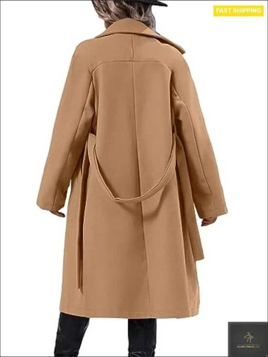 Elegant Wool Pea Coat Double Breasted Mid-Long Winter Overcoat with Belt - Picture 5 of 7